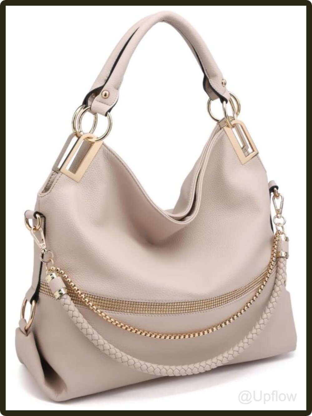 Women's Large Vegan Leather Hobo Tote Bag Rhinestone Accents Zipper Shoulder